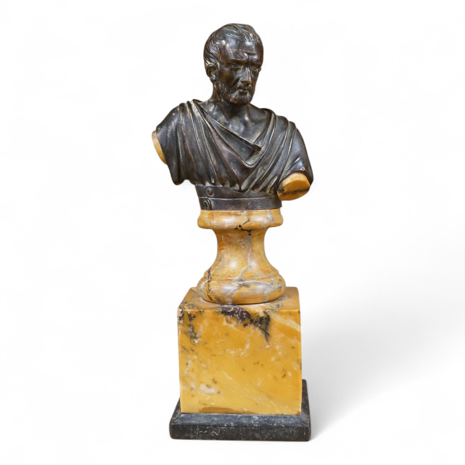 A bronze bust of a philosopher raised on square marble base, 27cm high